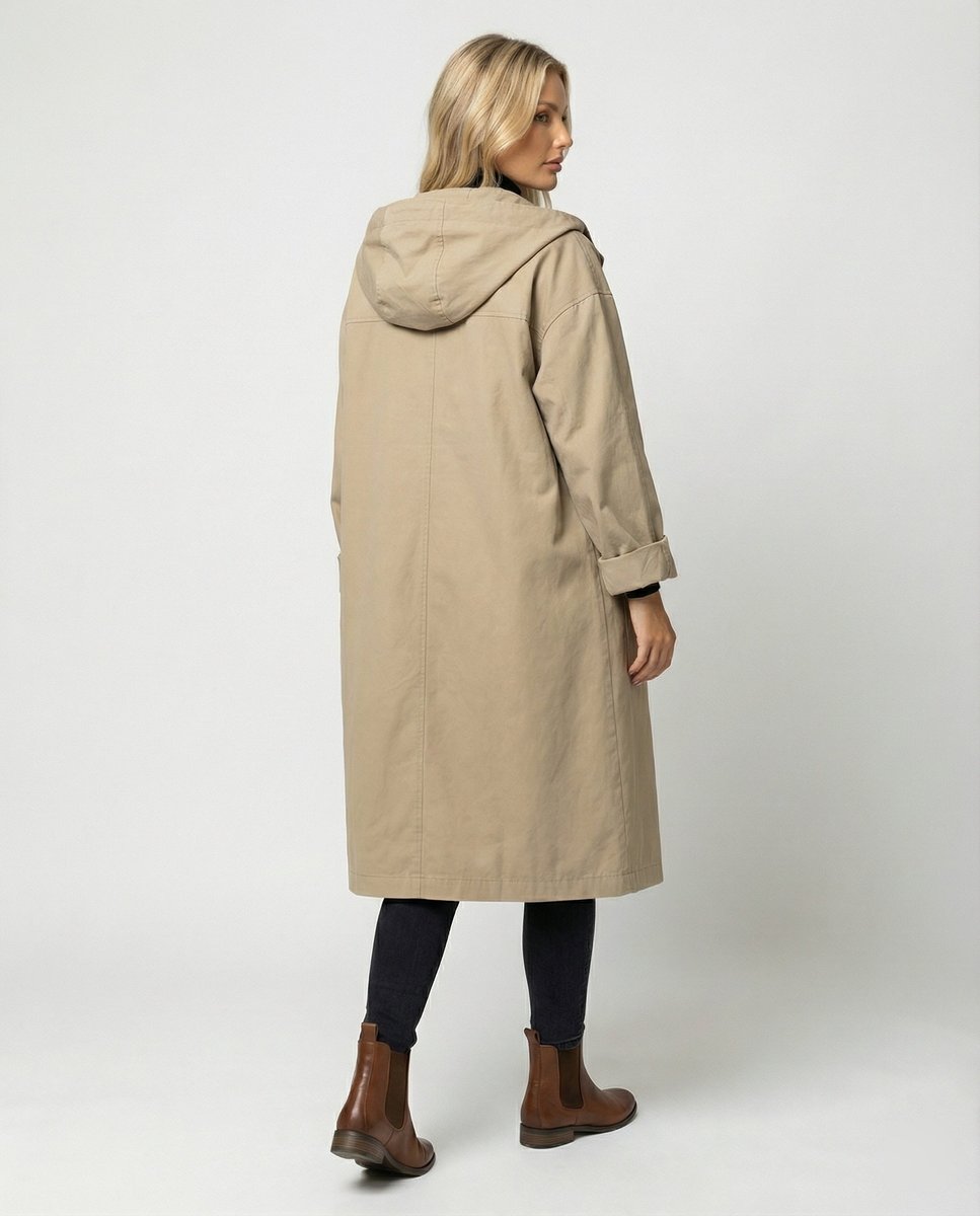 Dame Lang Vandafvisende Hættet Trench Coat Vindtæt