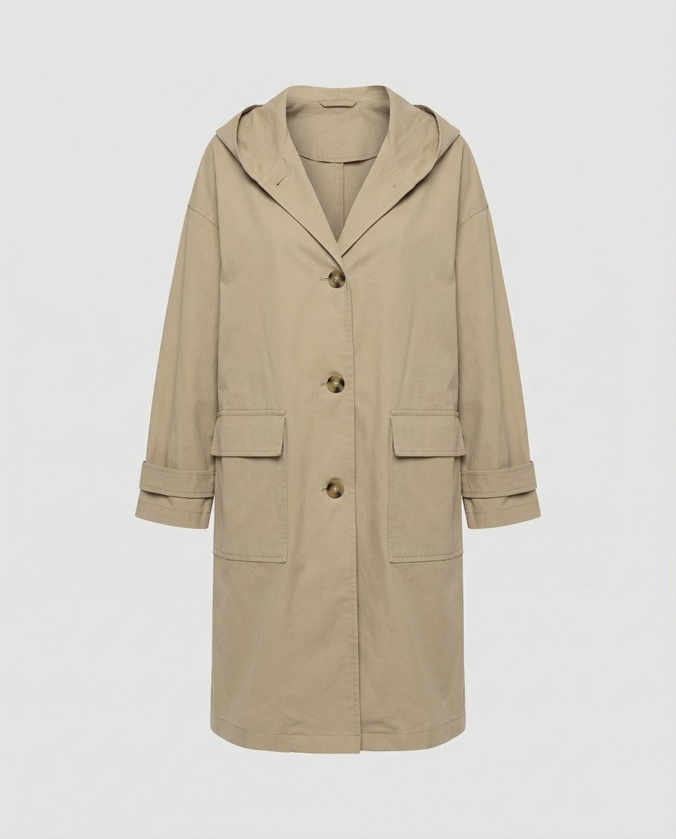 Dame Lang Vandafvisende Hættet Trench Coat Vindtæt