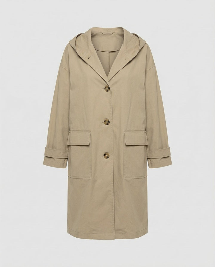 Dame Lang Vandafvisende Hættet Trench Coat Vindtæt