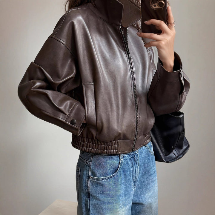 Dame Langermet Lynlås Leather Jacket Elastisk Talje Bomberjakke