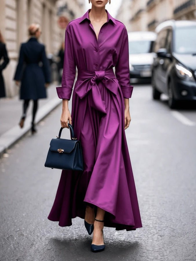Dame Langærmet Bindebånd Maxi Skjortekjole - Purple