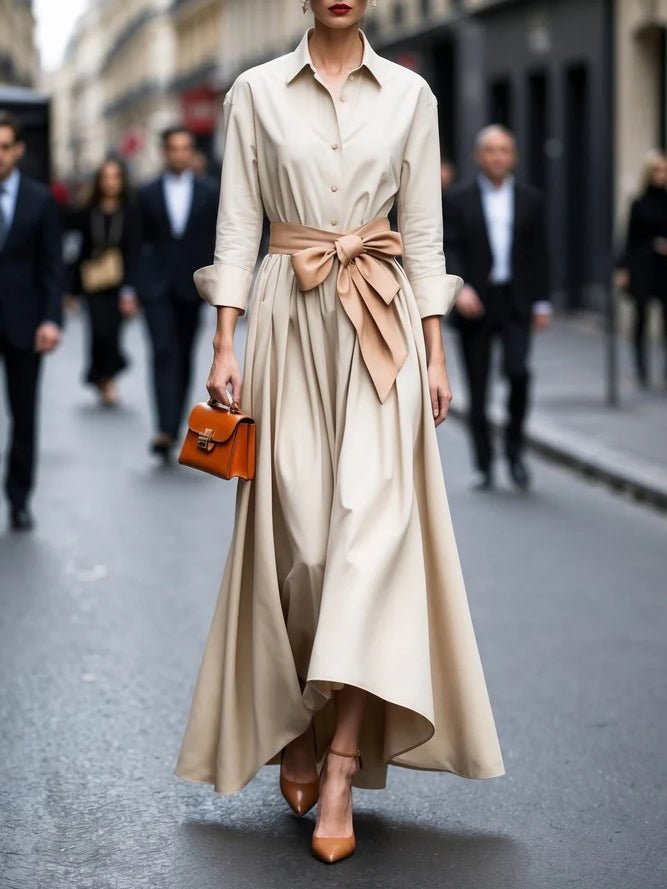 Dame Langærmet Bindebånd Maxi Skjortekjole - Beige
