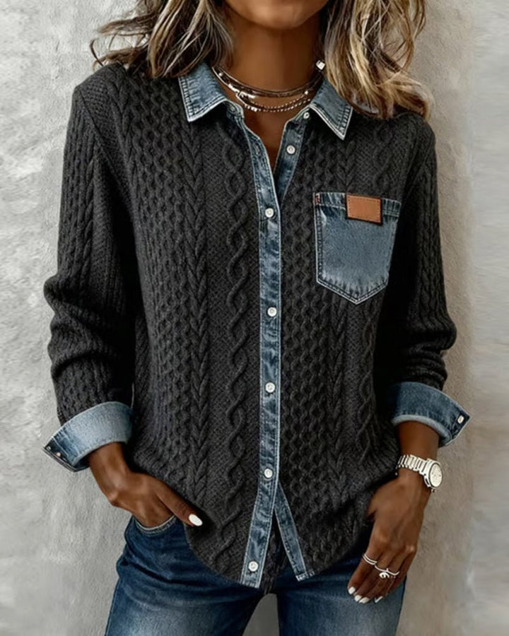Dame Langærmet Kabelstrik Skjorte Denim Patchwork - Dark Gray