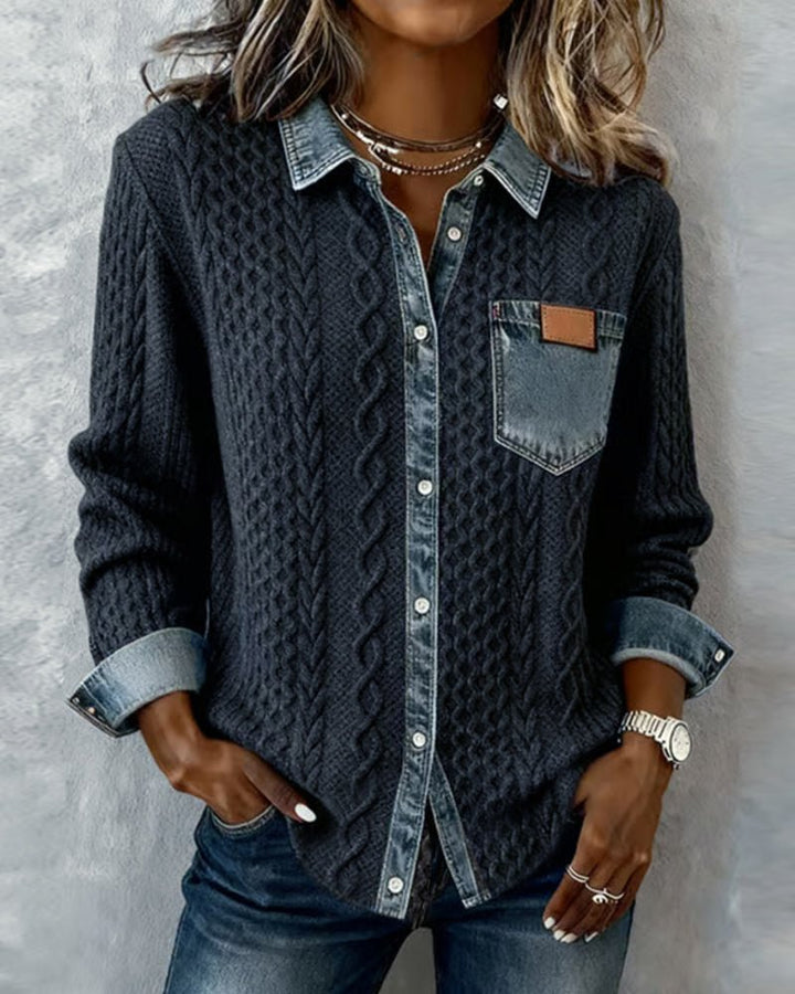 Dame Langærmet Kabelstrik Skjorte Denim Patchwork - Dark Blue