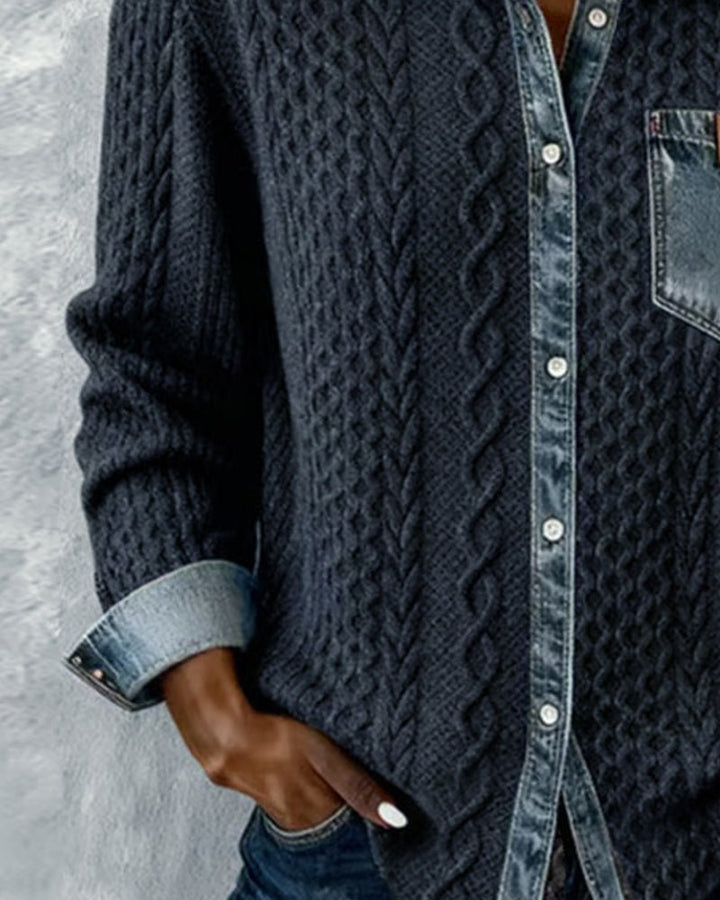 Dame Langærmet Kabelstrik Skjorte Denim Patchwork