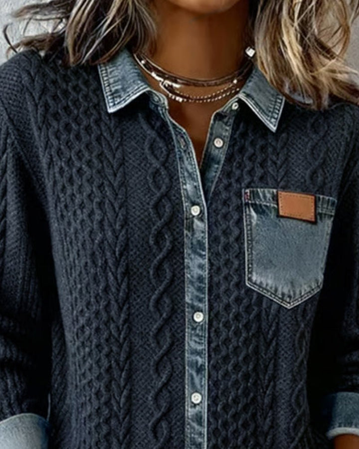 Dame Langærmet Kabelstrik Skjorte Denim Patchwork