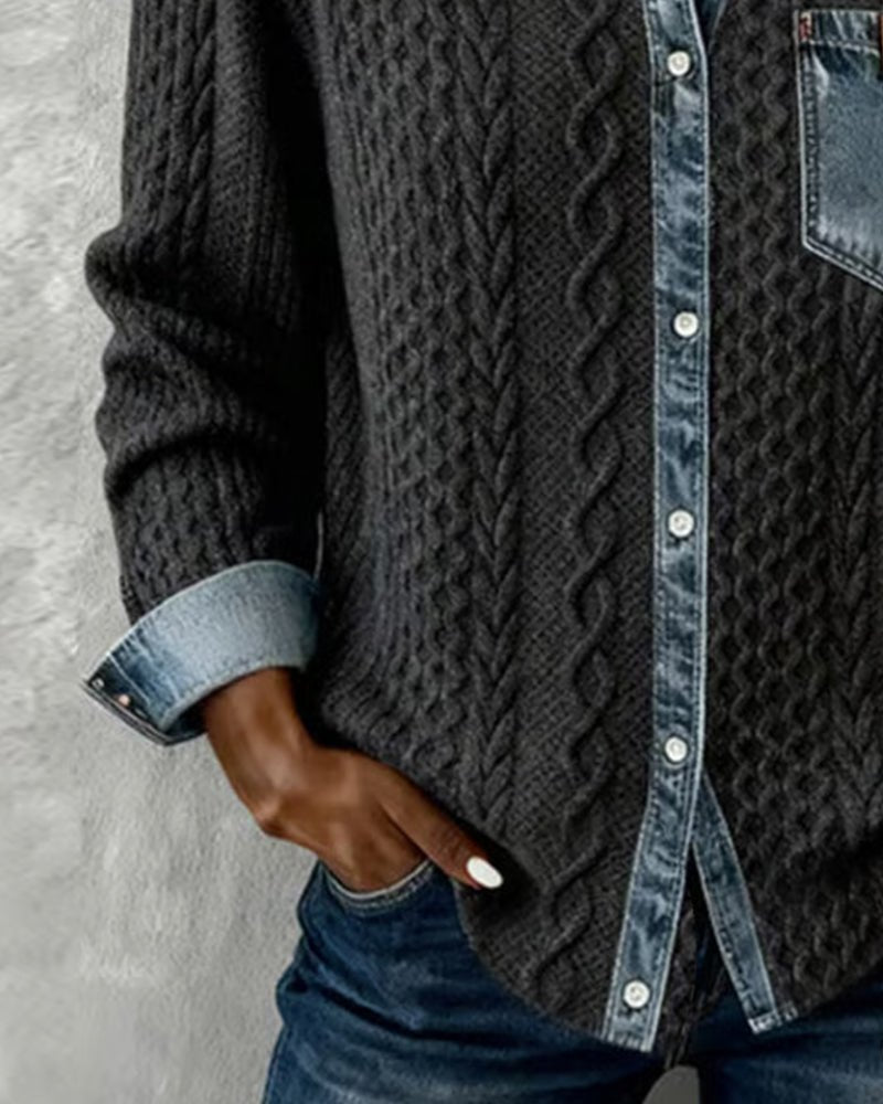 Dame Langærmet Kabelstrik Skjorte Denim Patchwork