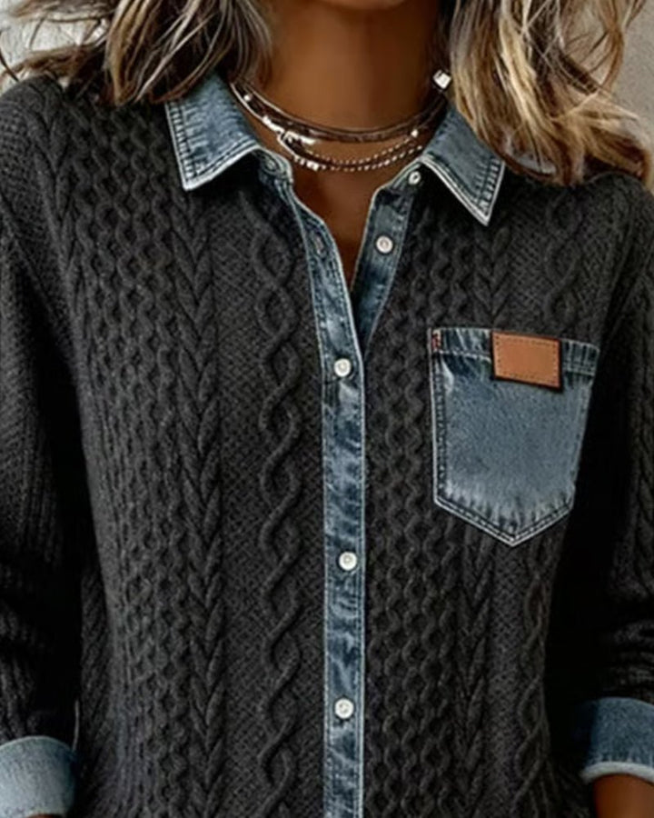 Dame Langærmet Kabelstrik Skjorte Denim Patchwork