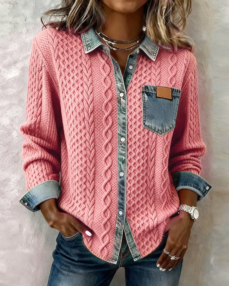 Dame Langærmet Kabelstrik Skjorte Denim Patchwork - Pink