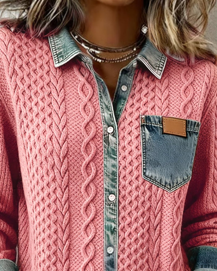 Dame Langærmet Kabelstrik Skjorte Denim Patchwork