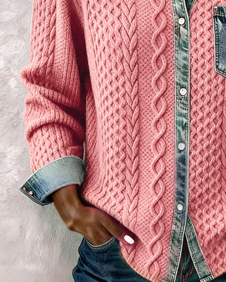 Dame Langærmet Kabelstrik Skjorte Denim Patchwork