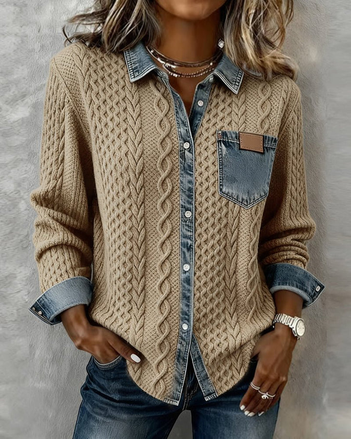 Dame Langærmet Kabelstrik Skjorte Denim Patchwork - Khaki