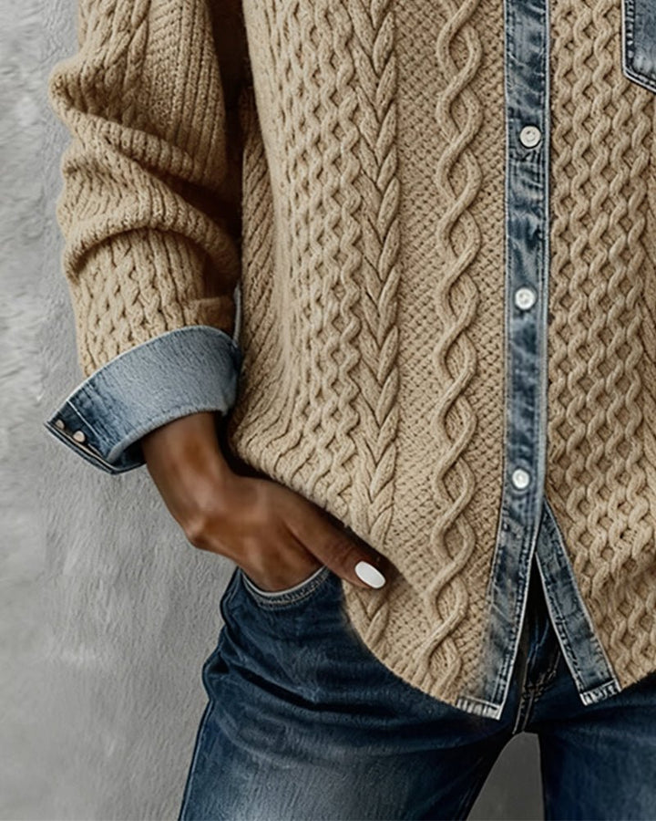 Dame Langærmet Kabelstrik Skjorte Denim Patchwork