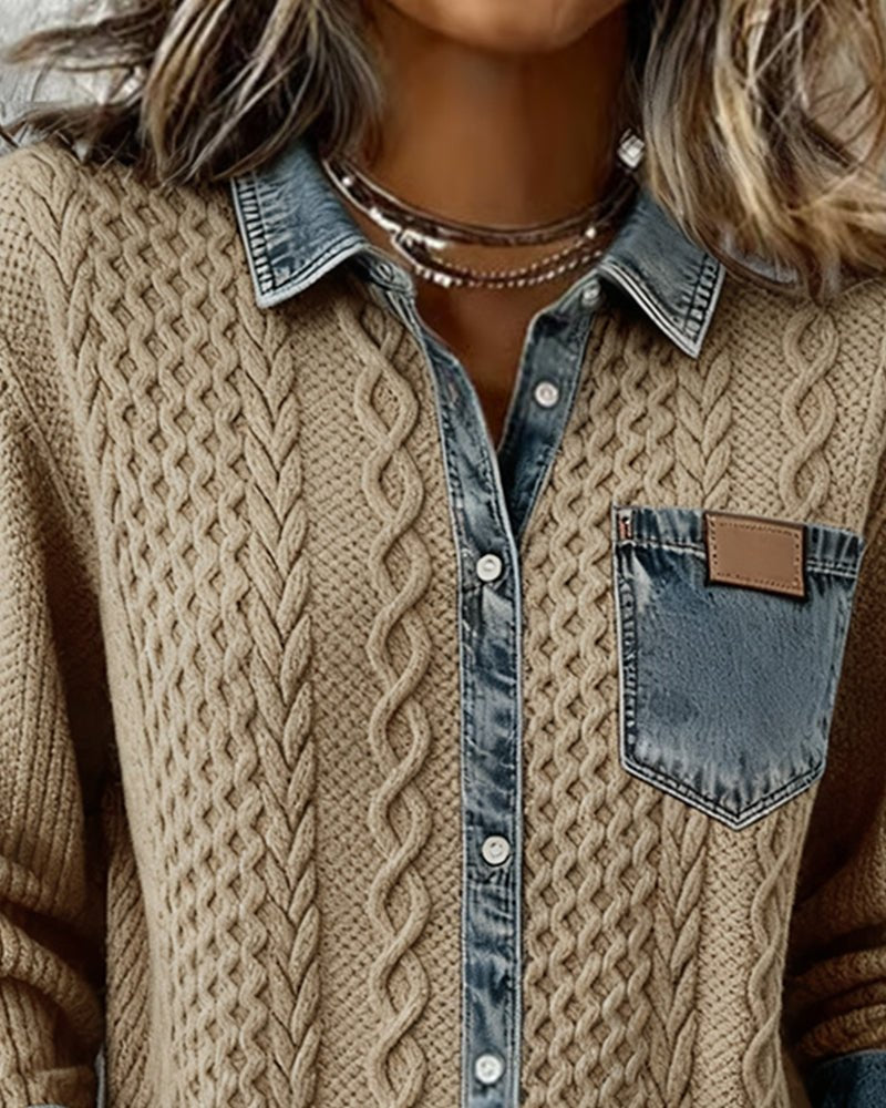 Dame Langærmet Kabelstrik Skjorte Denim Patchwork