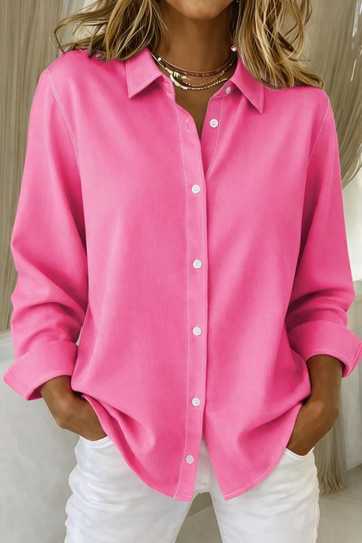 Dame Langærmet Oversized Knappeskjorte med Klassisk Krave - Fuchsia