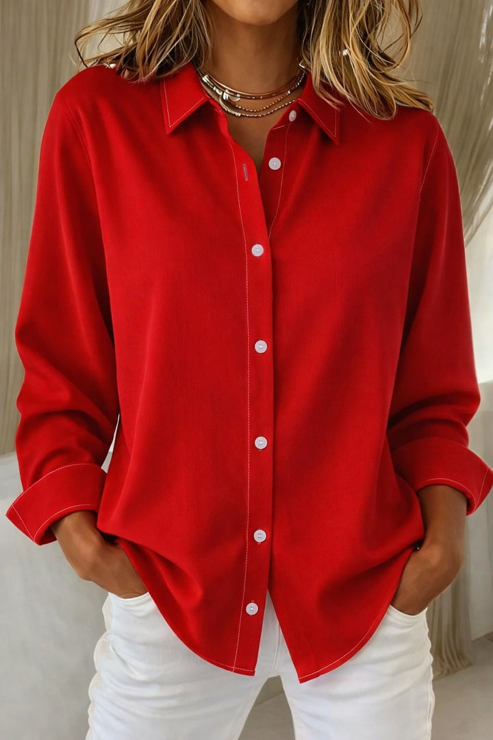 Dame Langærmet Oversized Knappeskjorte med Klassisk Krave - Red