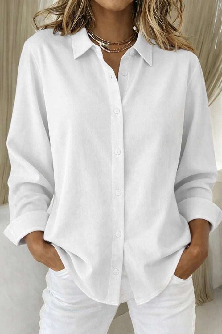 Dame Langærmet Oversized Knappeskjorte med Klassisk Krave - White