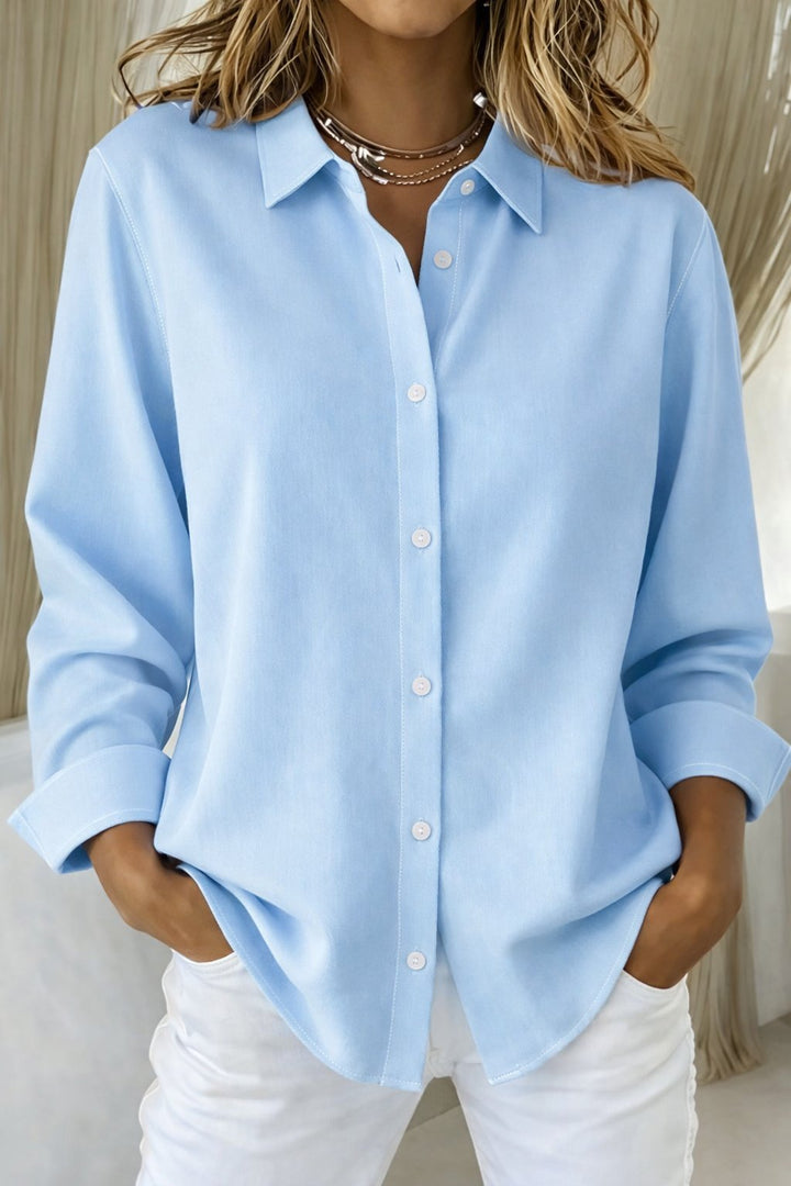 Dame Langærmet Oversized Knappeskjorte med Klassisk Krave - Blue