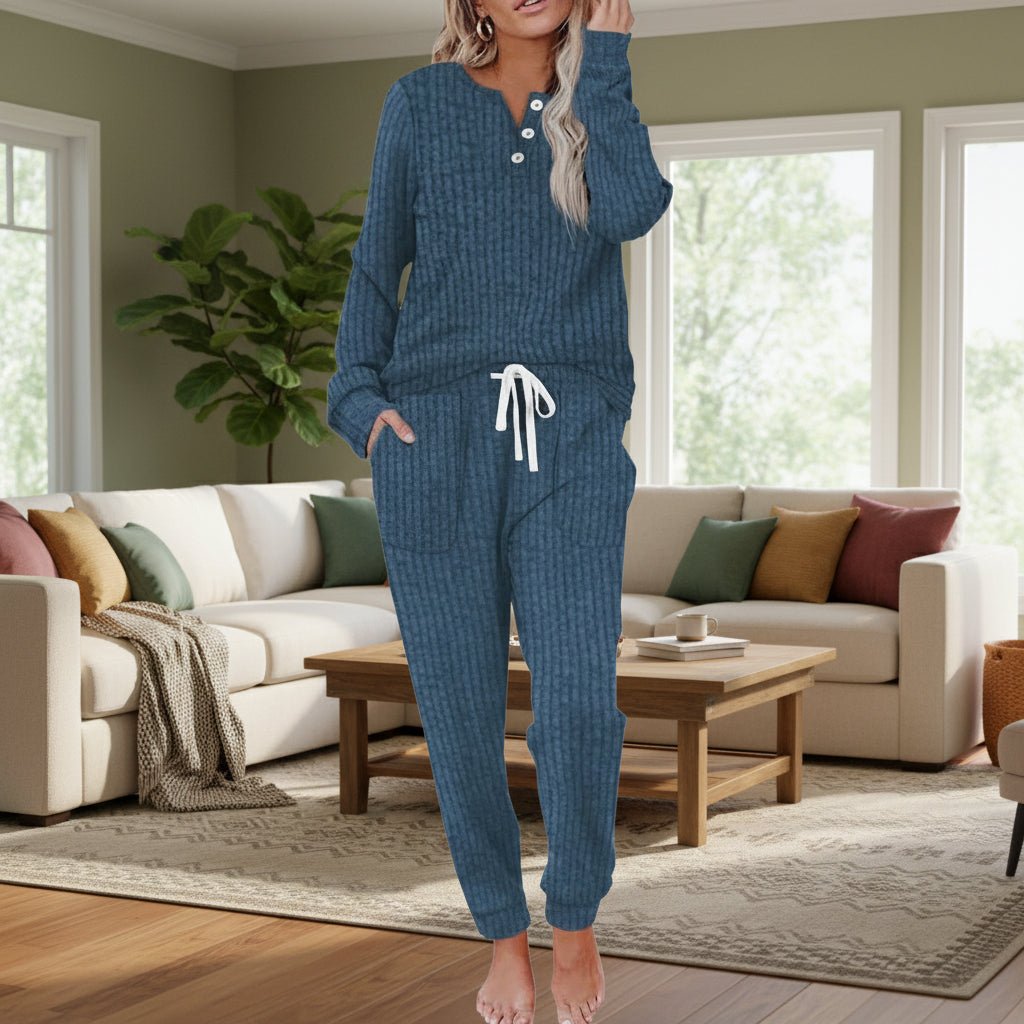 Dame Langærmet Ribstrikket Loungesæt Bukser Toppe To-Delt - Navy Blue