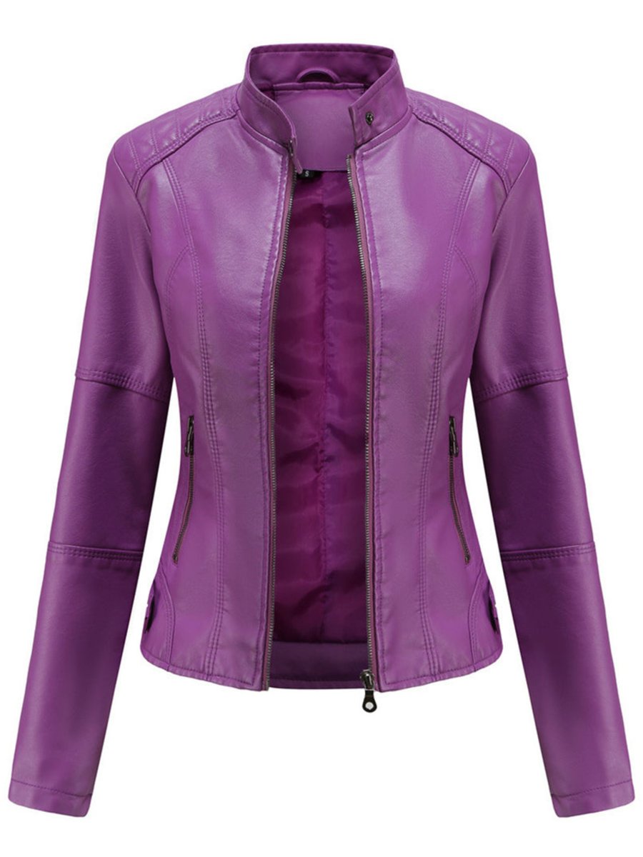 Dame Leather Jacket Skræddersyet Lynlås Biker Jakke - Lilla
