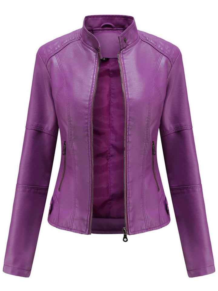Dame Leather Jacket Skræddersyet Lynlås Biker Jakke - Lilla