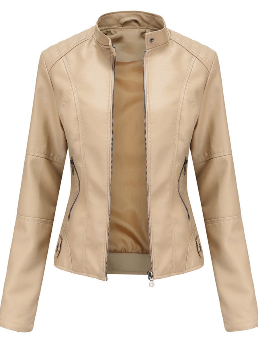 Dame Leather Jacket Skræddersyet Lynlås Biker Jakke - Beige