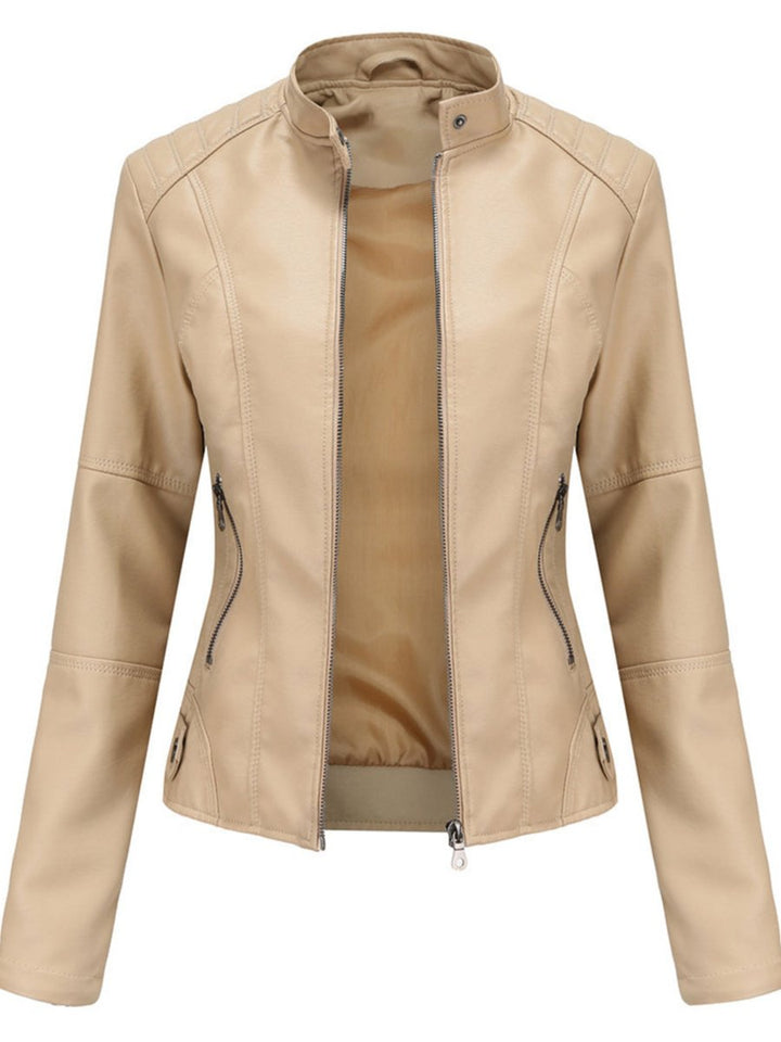 Dame Leather Jacket Skræddersyet Lynlås Biker Jakke - Beige