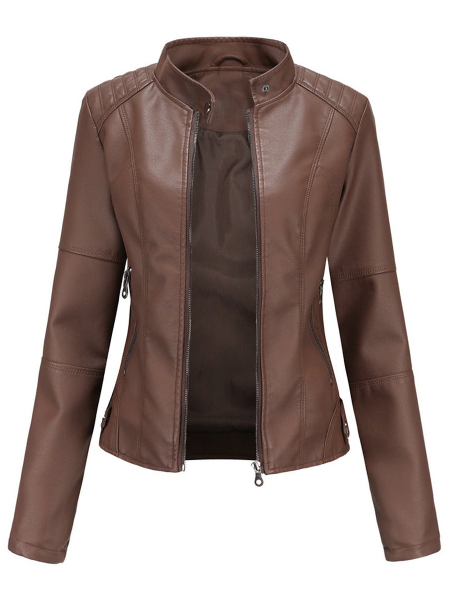 Dame Leather Jacket Skræddersyet Lynlås Biker Jakke - Mørkebrun