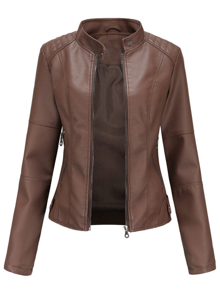 Dame Leather Jacket Skræddersyet Lynlås Biker Jakke - Mørkebrun