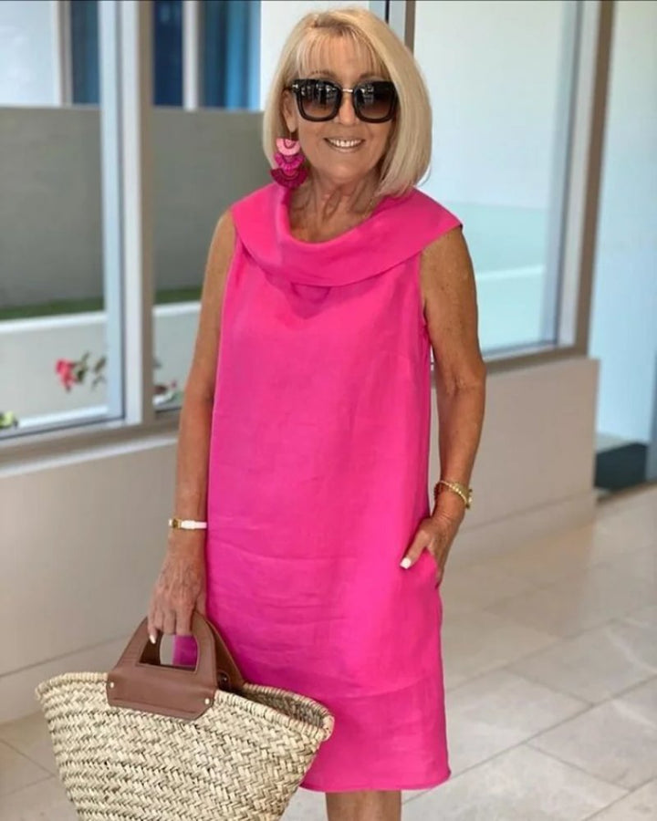 Dame Let Ærmeløs Sommerkleid med Elegant Halsudskæring - Pink
