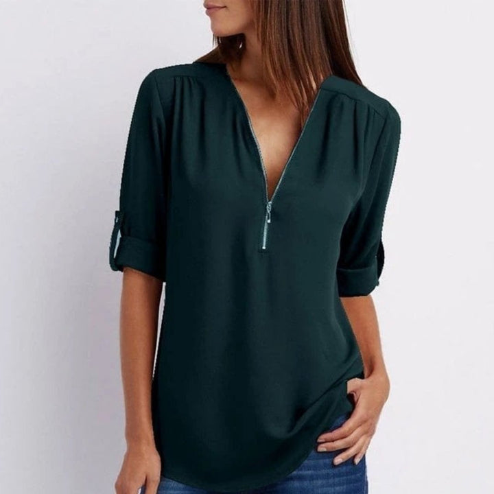 Dame Letvægts V-hals Bluse Lynlås Oprullede Ærmer - Dark Green