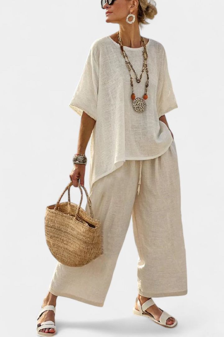 Dame Linen Asymmetrisk Top og Vide Bukser Sæt - White