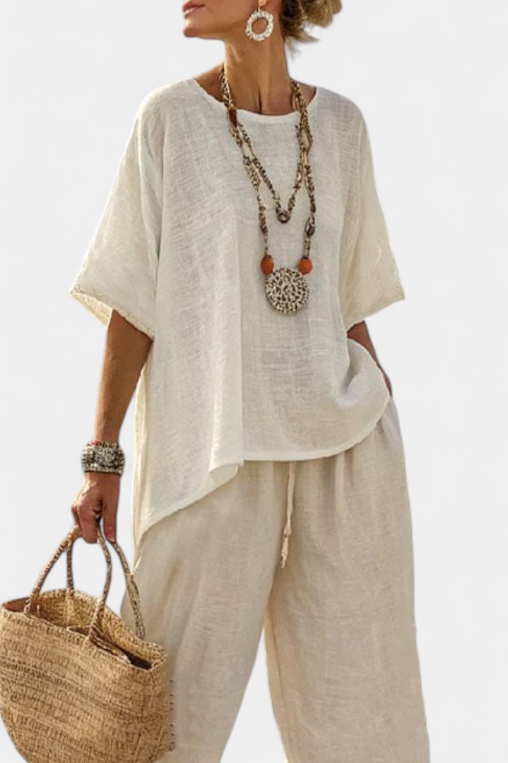 Dame Linen Asymmetrisk Top og Vide Bukser Sæt