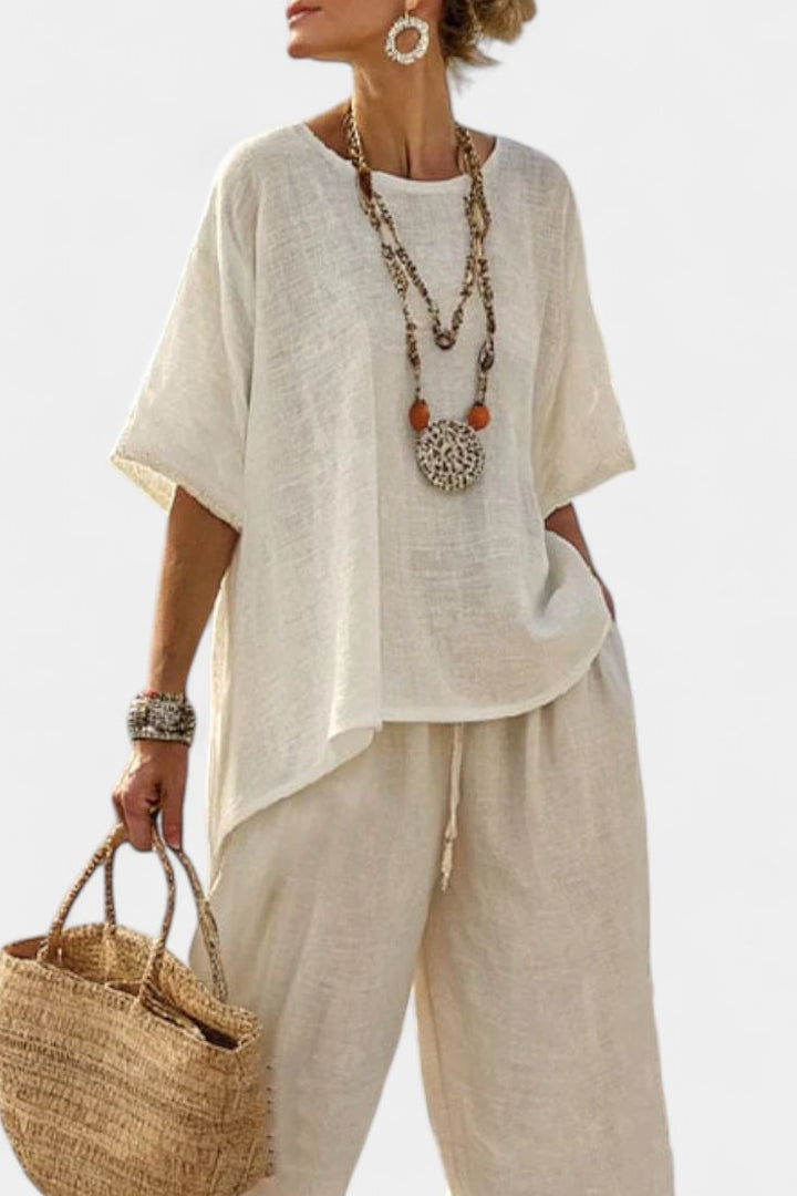 Dame Linen Asymmetrisk Top og Vide Bukser Sæt