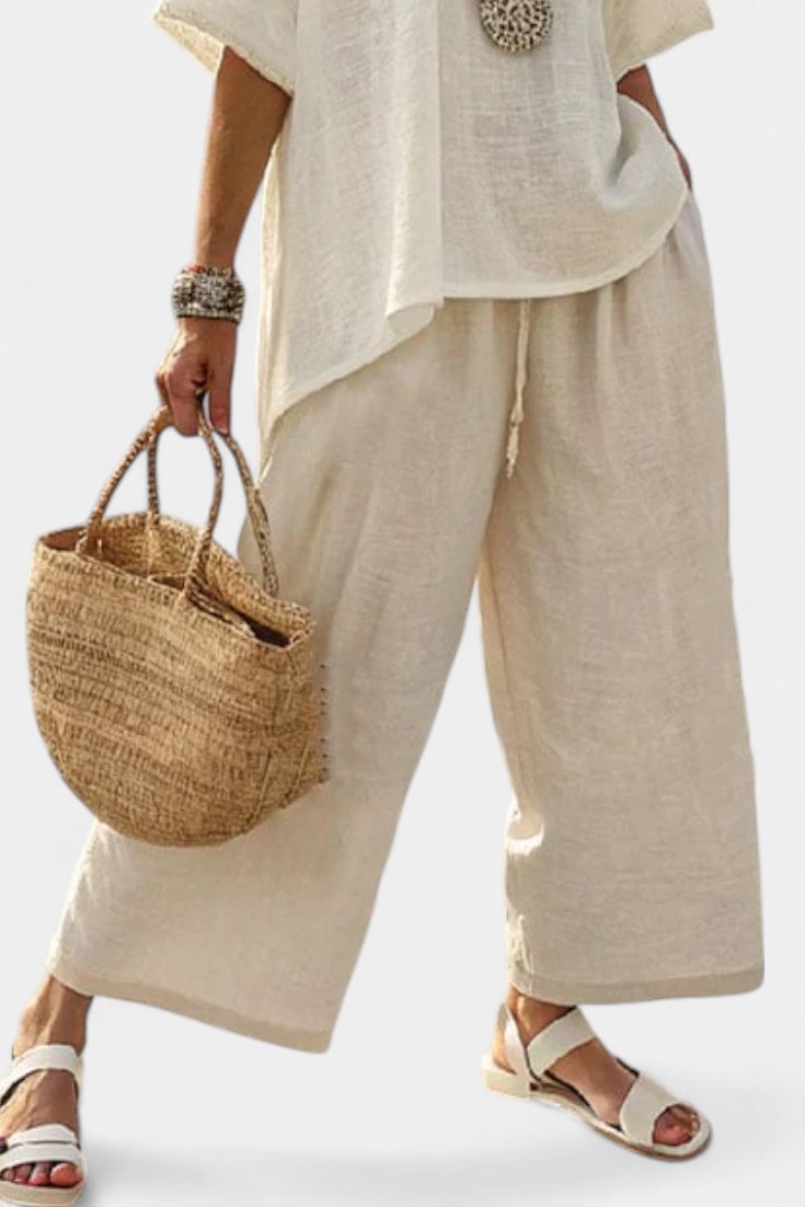 Dame Linen Asymmetrisk Top og Vide Bukser Sæt