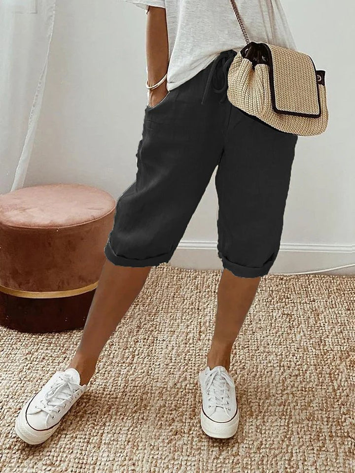 Dame Linen Bermuda Shorts med Snørebånd - Black