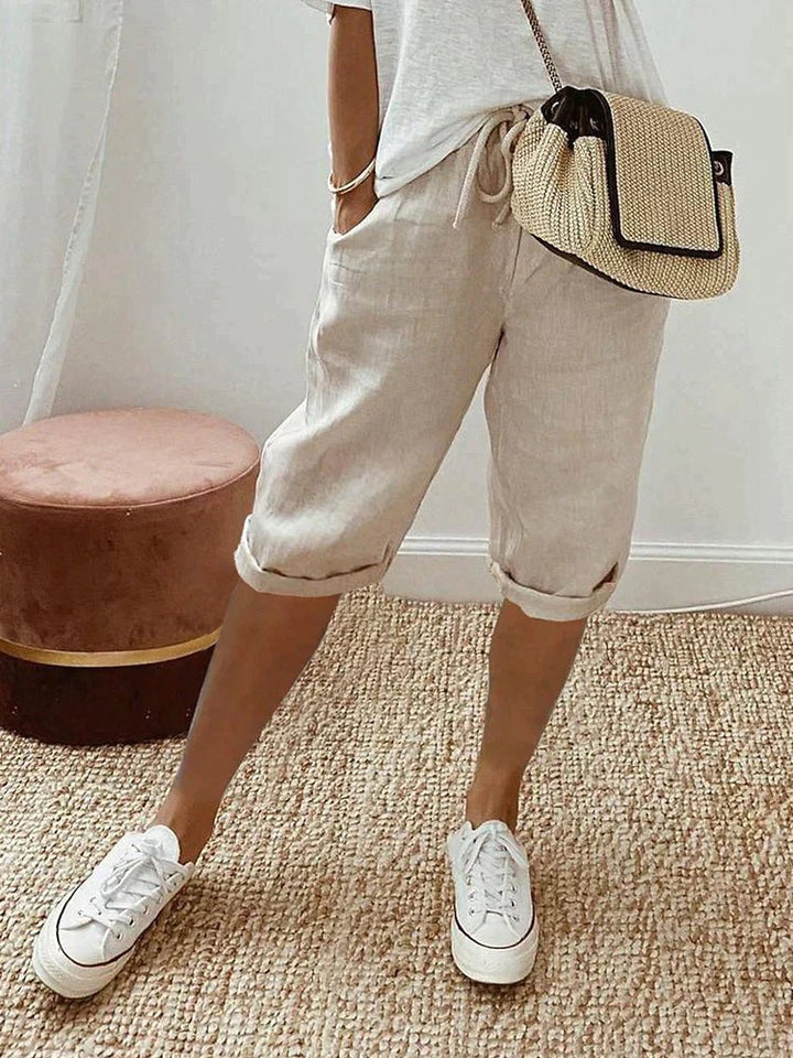 Dame Linen Bermuda Shorts med Snørebånd - Beige