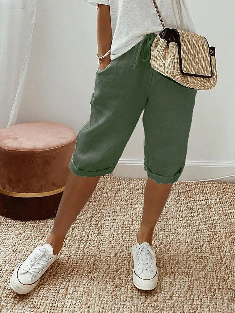 Dame Linen Bermuda Shorts med Snørebånd - Army Green
