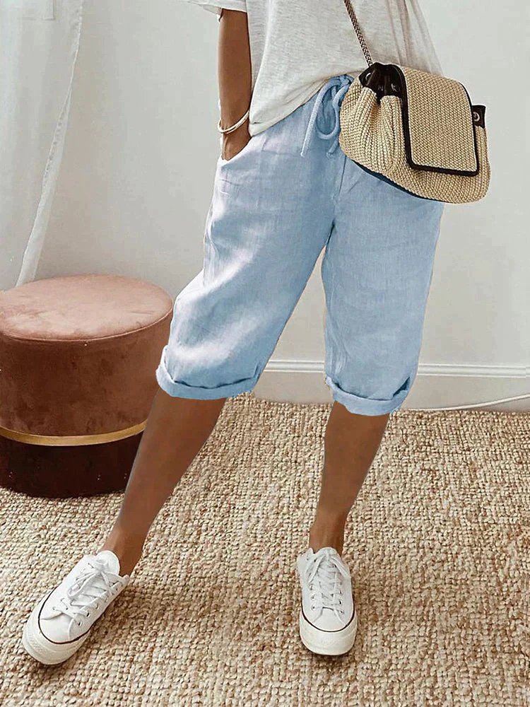 Dame Linen Bermuda Shorts med Snørebånd - Light Blue