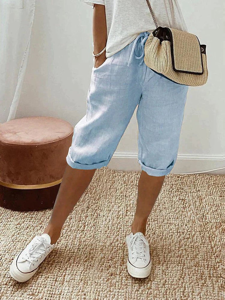 Dame Linen Bermuda Shorts med Snørebånd - Light Blue