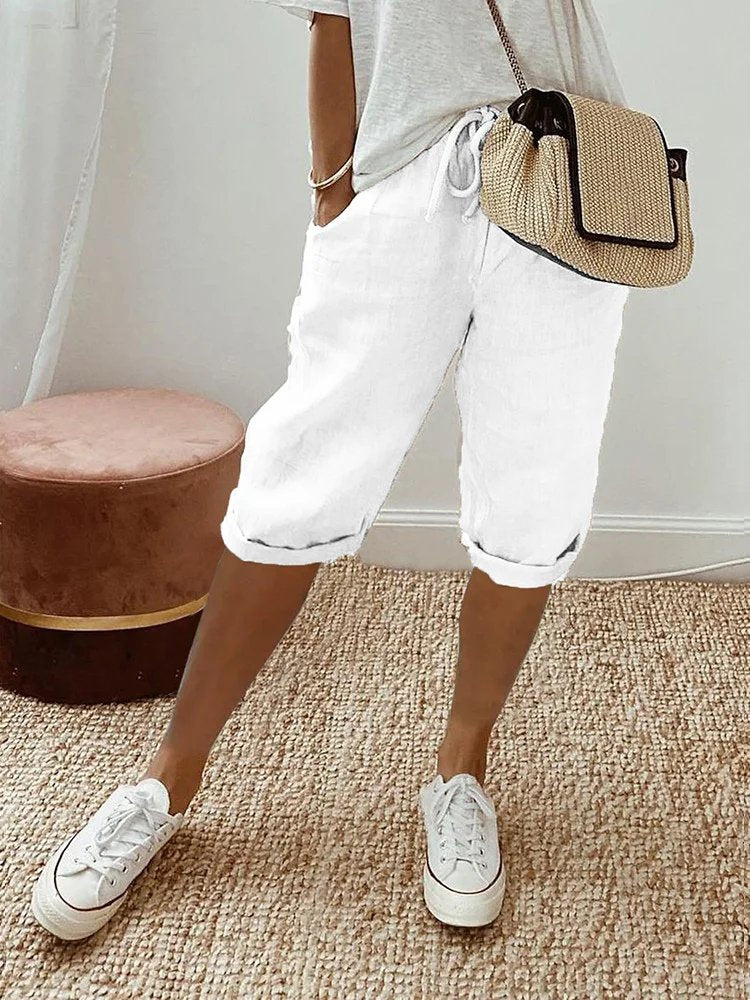Dame Linen Bermuda Shorts med Snørebånd - White