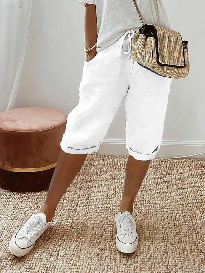 Dame Linen Bermuda Shorts med Snørebånd - White