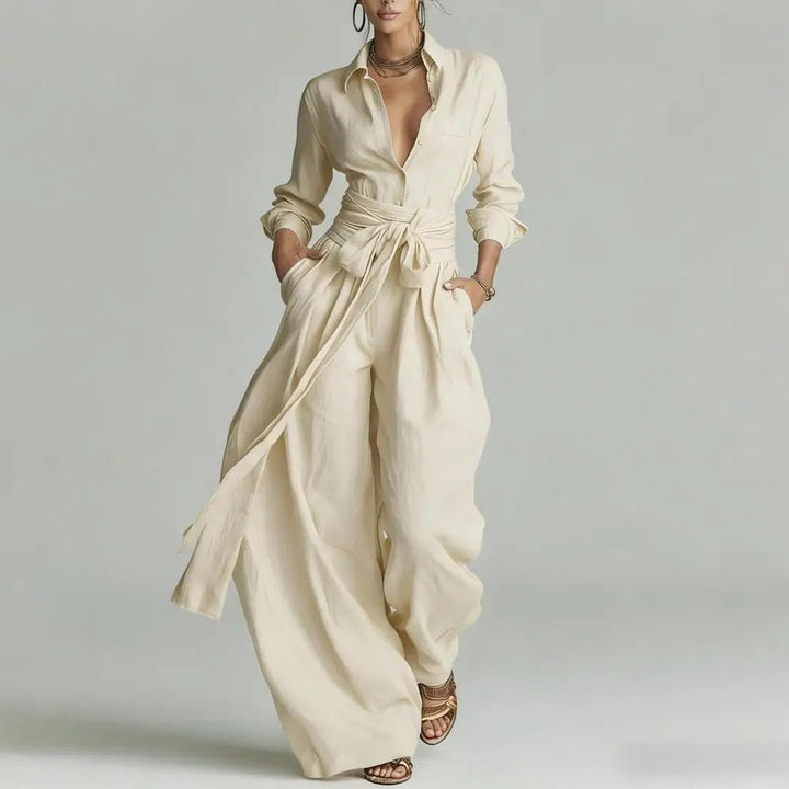 Dame Linen Co-ord Sæt Højtaljede Wide-Leg Bukser - Apricot