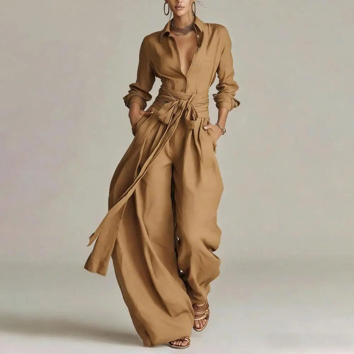 Dame Linen Co-ord Sæt Højtaljede Wide-Leg Bukser - Khaki
