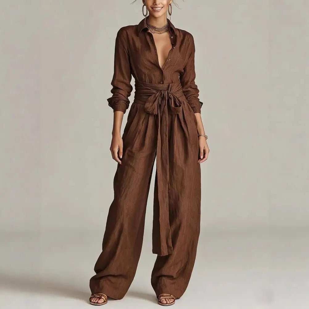 Dame Linen Co-ord Sæt Højtaljede Wide-Leg Bukser - Coffee