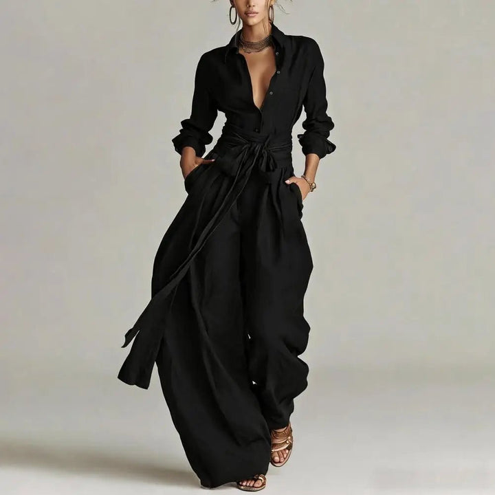 Dame Linen Co-ord Sæt Højtaljede Wide-Leg Bukser - Black