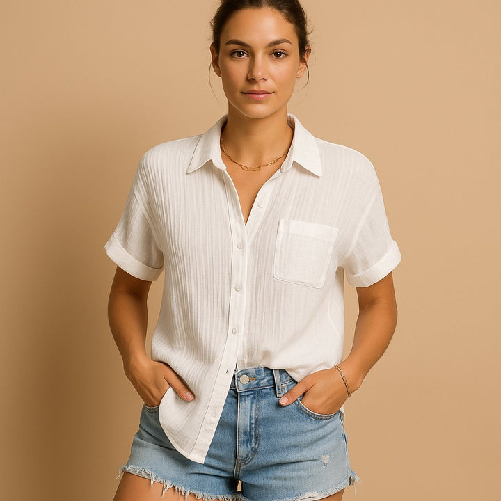 Dame Linen-Look Kortærmet Casual Skjorte med Brystlomme - White