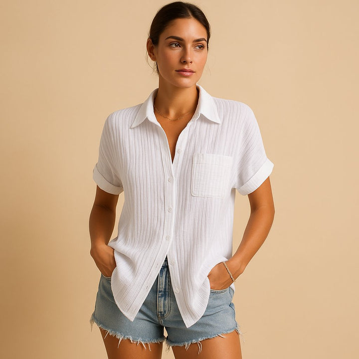 Dame Linen-Look Kortærmet Casual Skjorte med Brystlomme