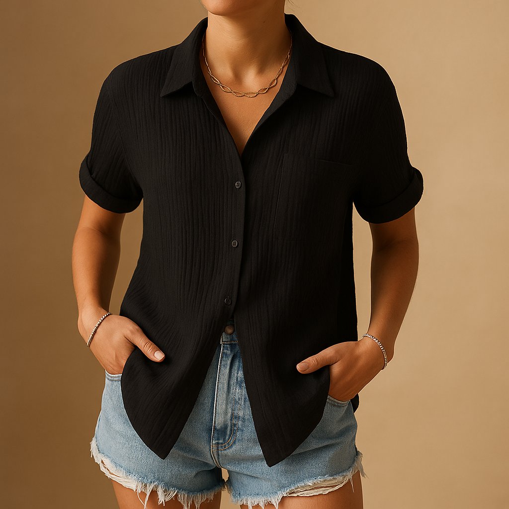 Dame Linen-Look Kortærmet Casual Skjorte med Brystlomme - Black