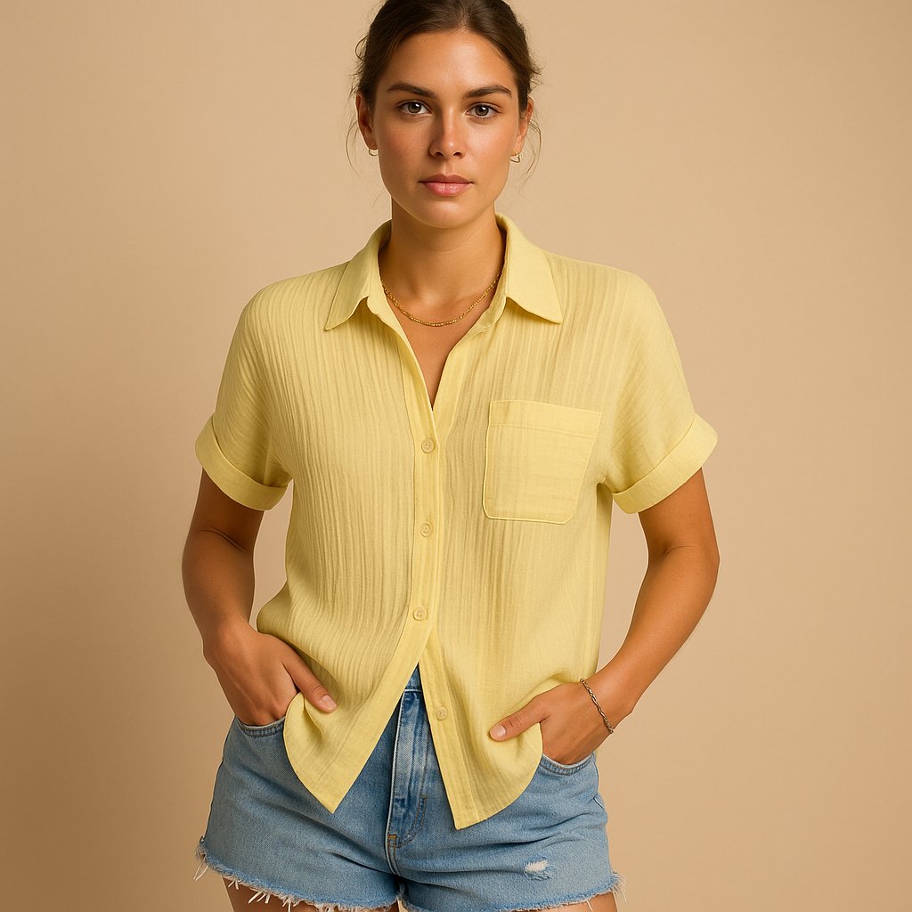 Dame Linen-Look Kortærmet Casual Skjorte med Brystlomme - Yellow